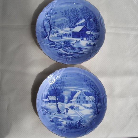 Vintage 2 Plates Currier & Ives Winter Scenes Blue-White Home Wall Decor Japan - Picture 1 of 11